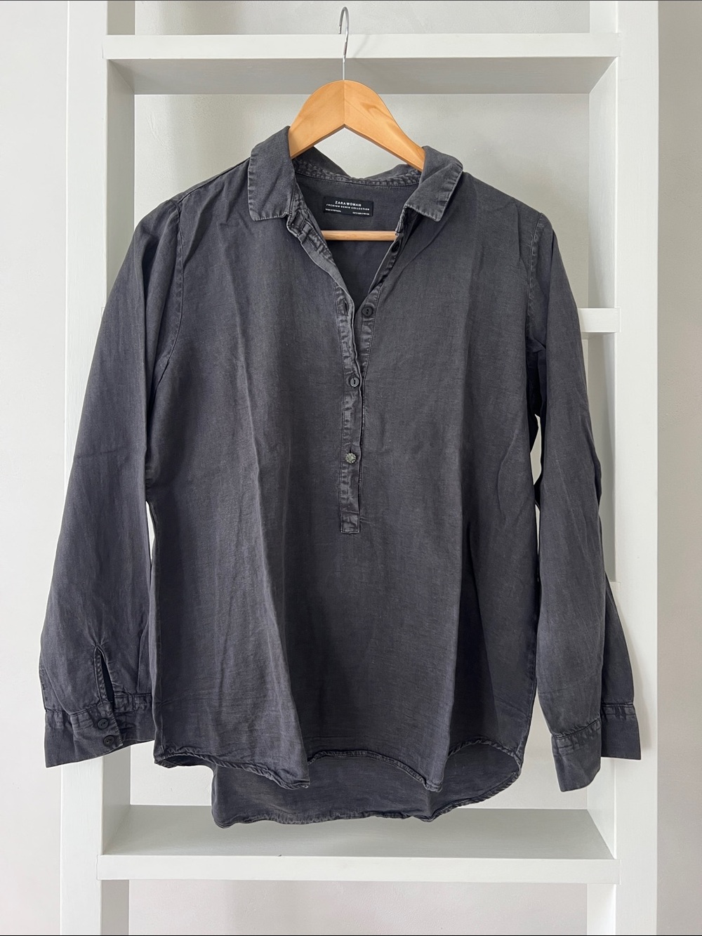 Washed Black Button-Front Cotton Shirt